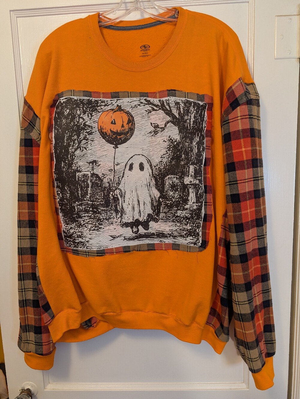 Handmade Upcycled Halloween Sweatshirt Oversized Ghost Pumpkin Plaid 2XL